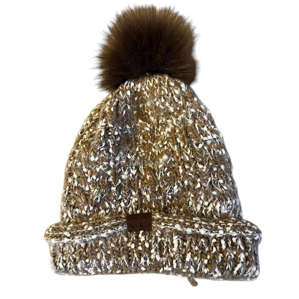 C. C. Exclusives Womens OS Knitted Tobaggan Pom Pom Lined Tan White Speckle